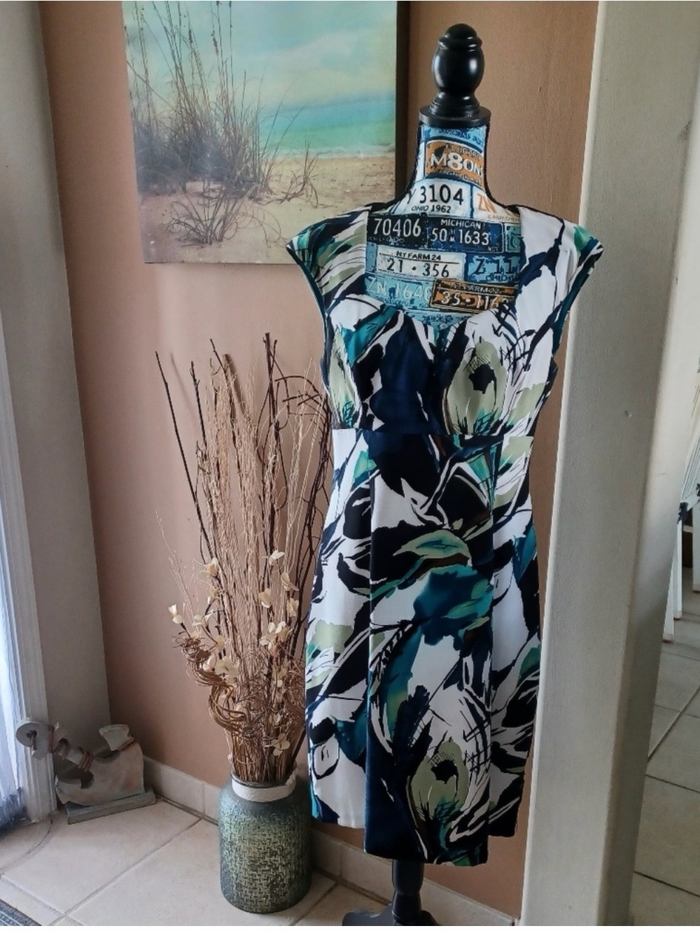 connected apparel Teal, Navy & White Asymmetrical Floral Dress